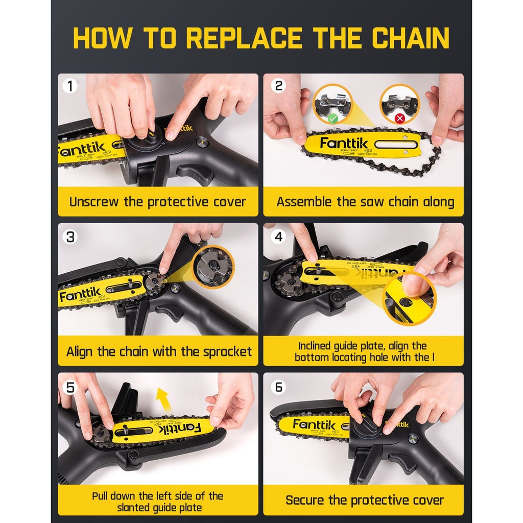 Fanttik W101 chainsaw chain replacement: Unscrew cover, assemble chain, align with sprocket, align guide plate, pull plate, secure cover.