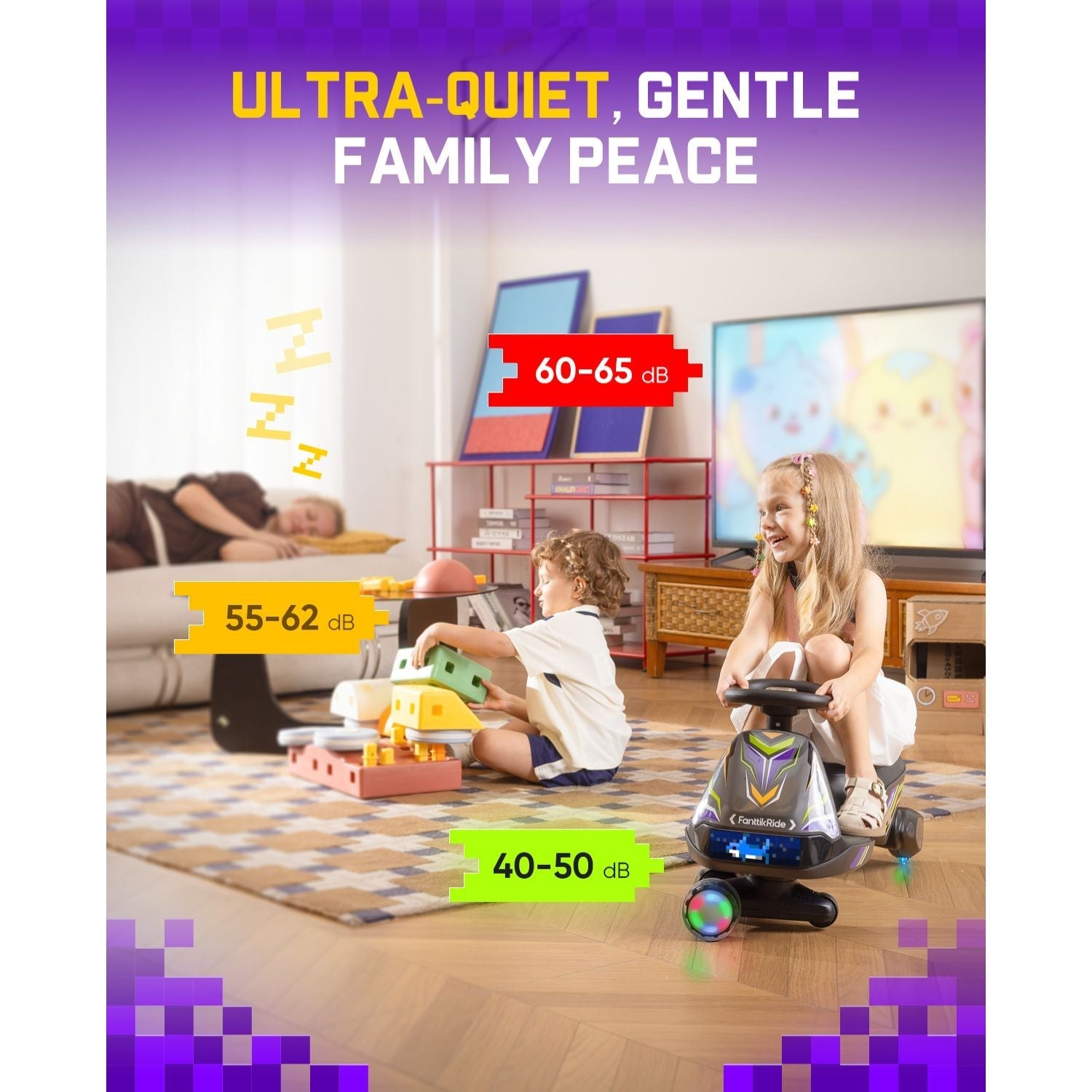A family play scene in a living room with children and an adult on a low-noise ride-on toy. The product is shown in use, with text overlays indicating decibel levels: 60-65 dB, 55-62 dB, and 40-50 dB.