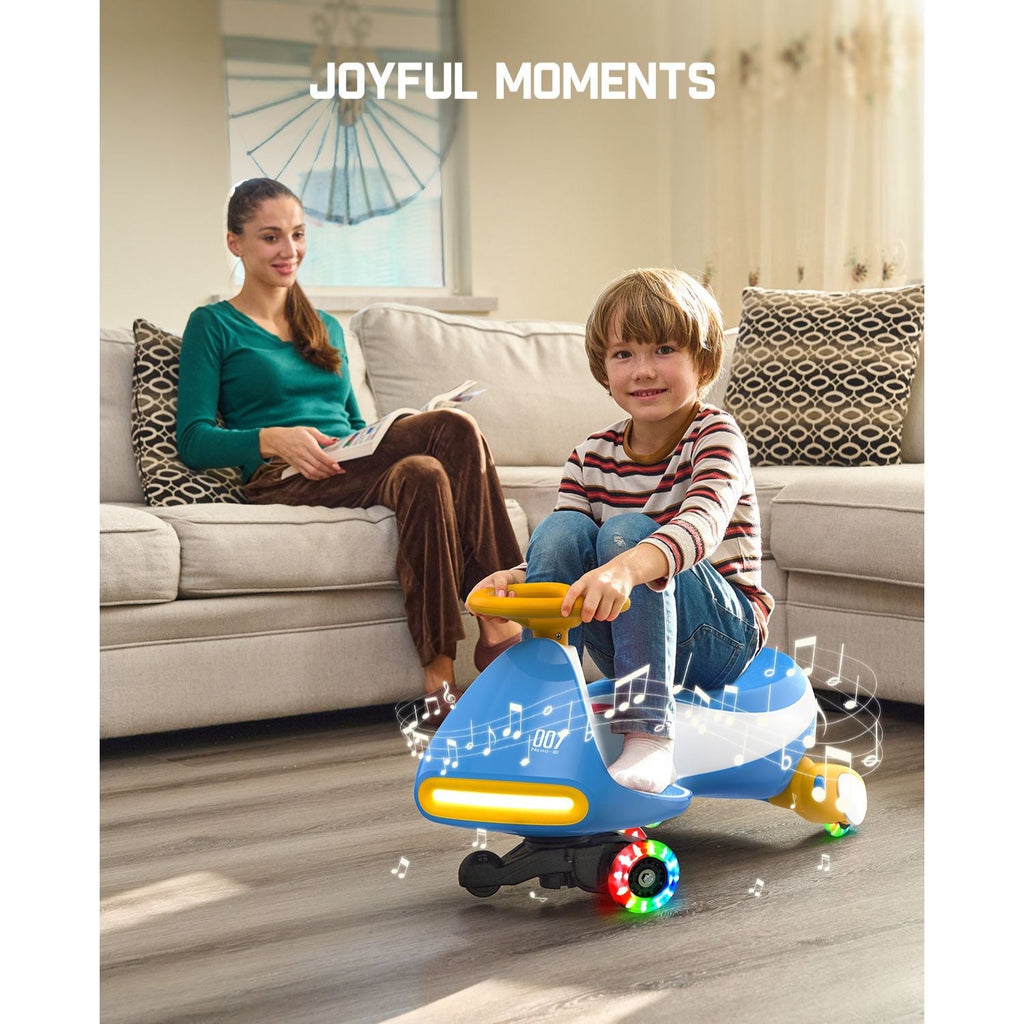Blue FanttikRide N7 Pro wiggle car with flashing wheels, ridden by a boy. Features 'JOYFUL MOMENTS' text.