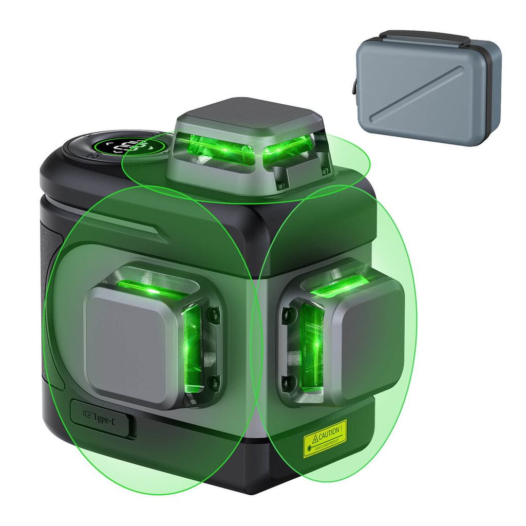 Fanttik D12 PRO laser level with green diode technology and digital display, includes protective case.