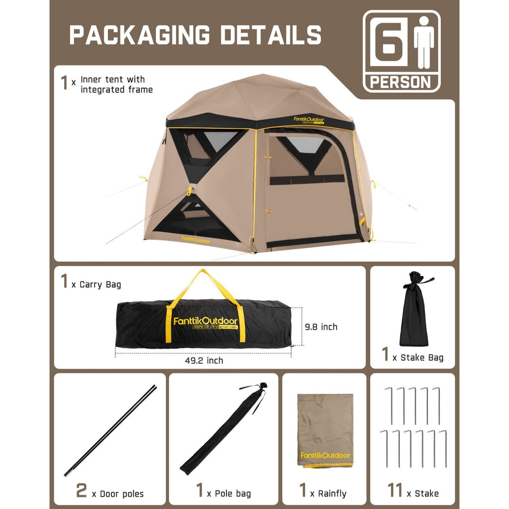 FanttikOutdoor Alpha C6 Ultra tent: Inner tent, carry bag, poles, rainfly, stakes shown in packaging.