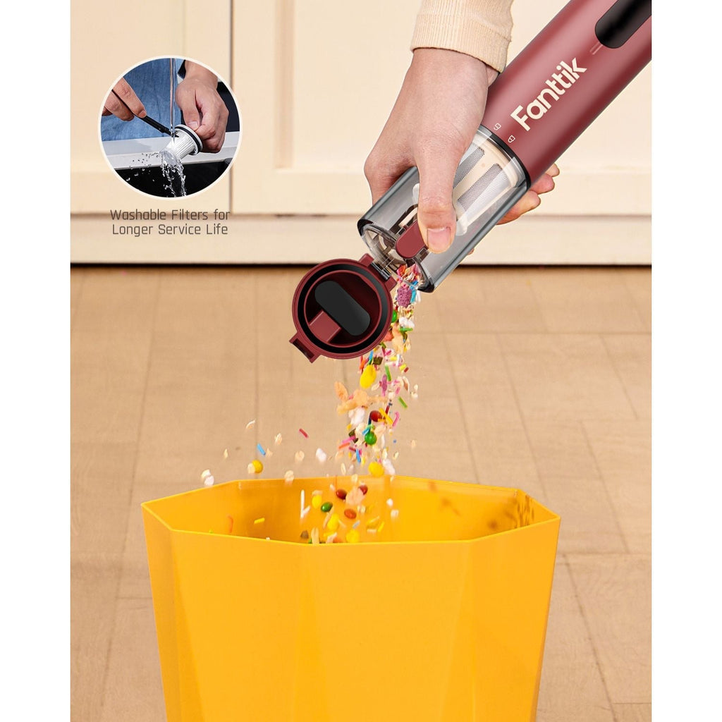 Fanttik Slim V10 Apex car vacuum empties debris into a yellow trash can, showing washable filter feature.
