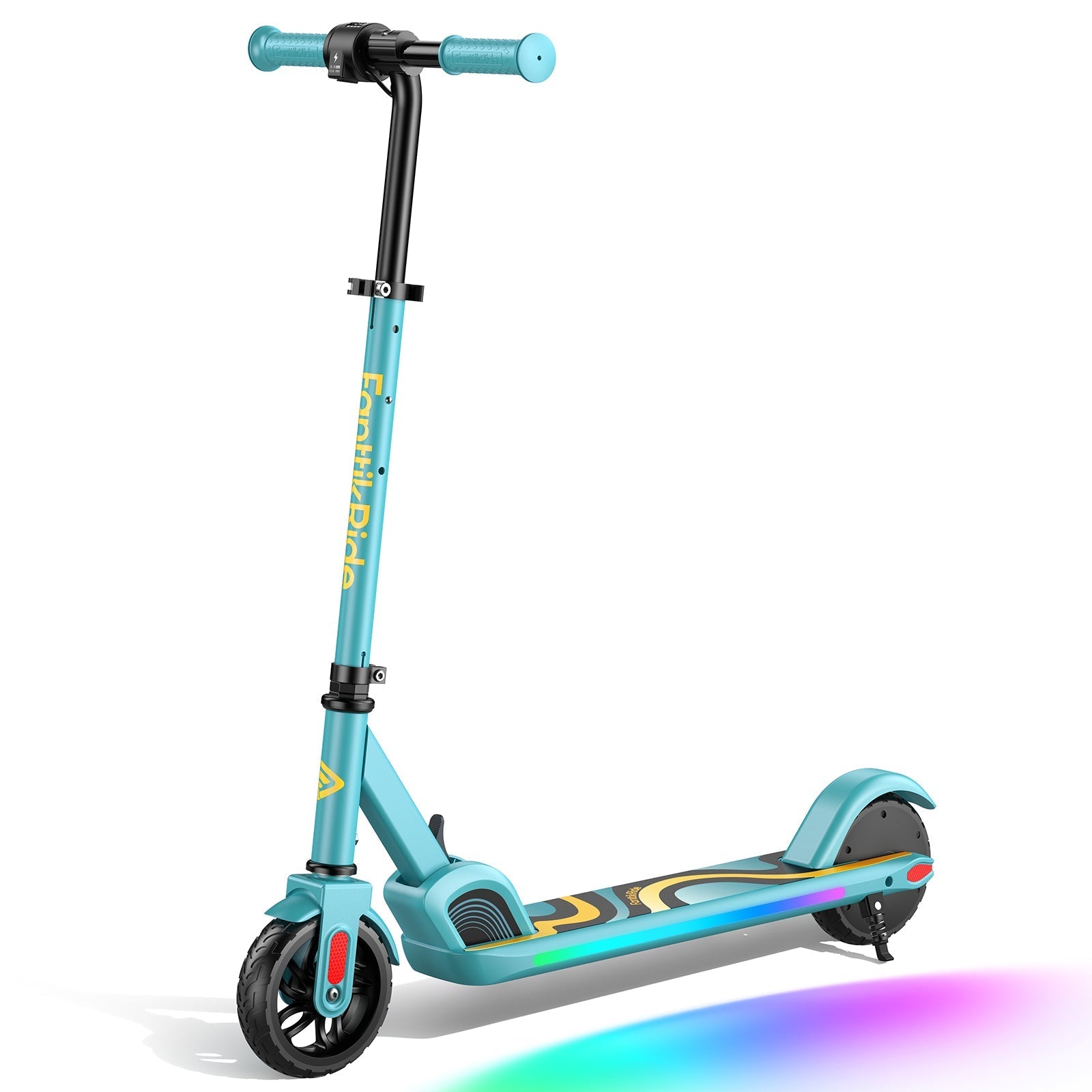 Blue FanttikRide C9 Pro electric scooter for kids with colorful LED lights on the deck and handlebars.