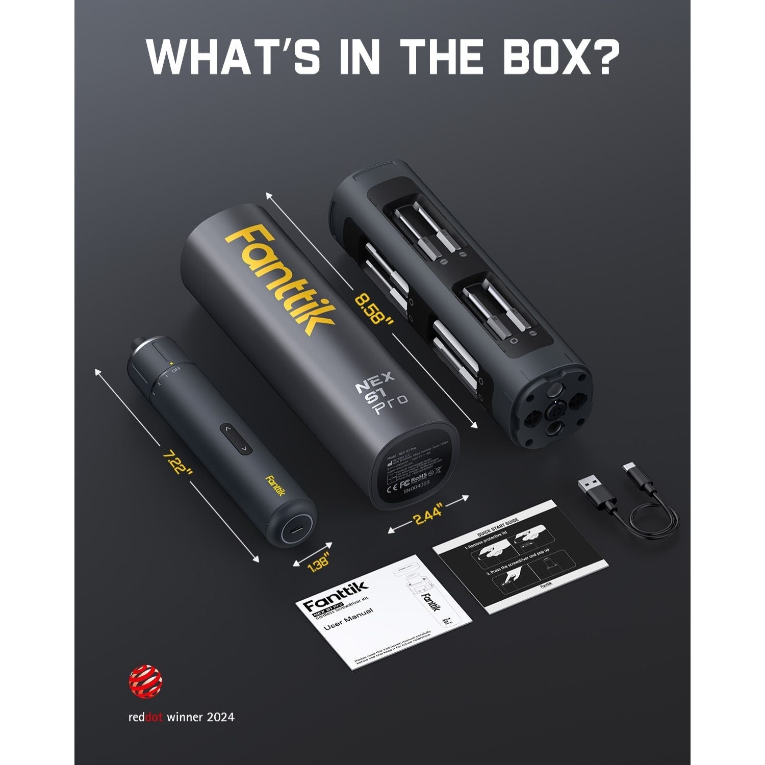 Fanttik S1 Pro kit: screwdriver, 16 bits, manuals, USB-C cable. Red Dot Winner 2024.