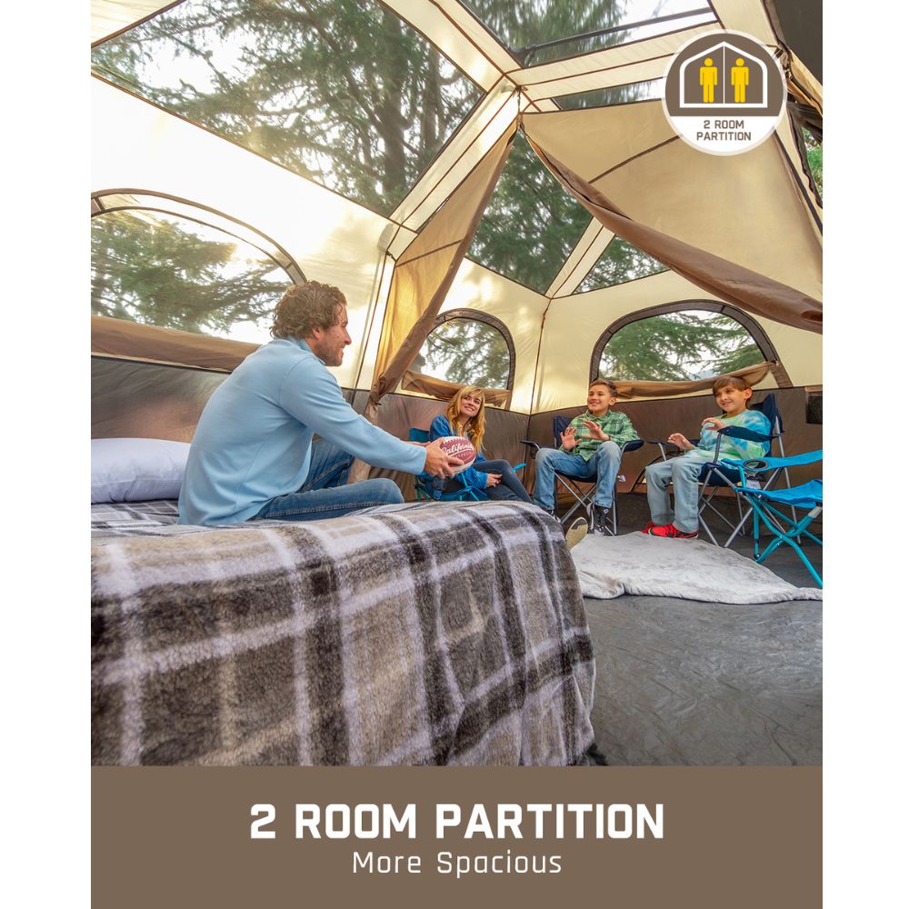 FanttikOutdoor Zeta C8 Pro Max 8-person tent interior with family. Features "2 ROOM PARTITION More Spacious" text.