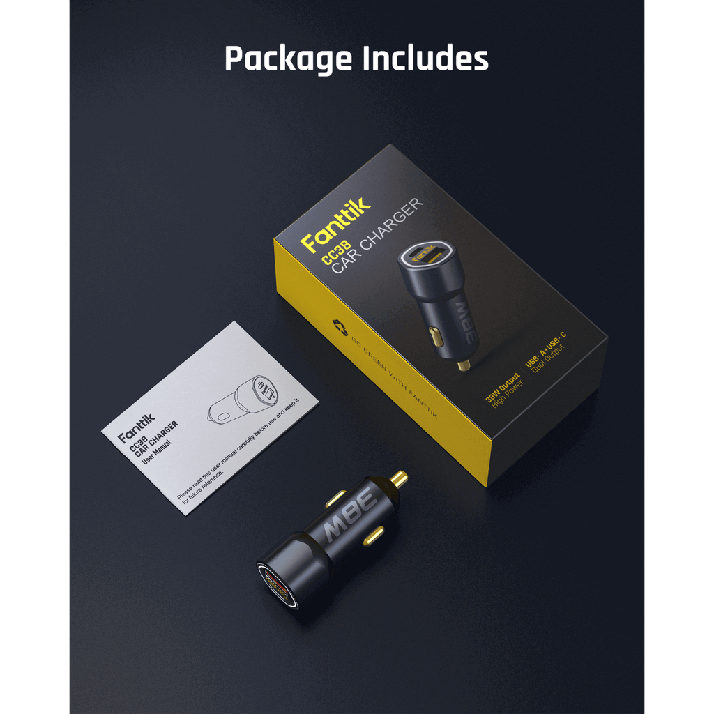 Fanttik CC38 38W USB-C car charger package with adapter and user manual