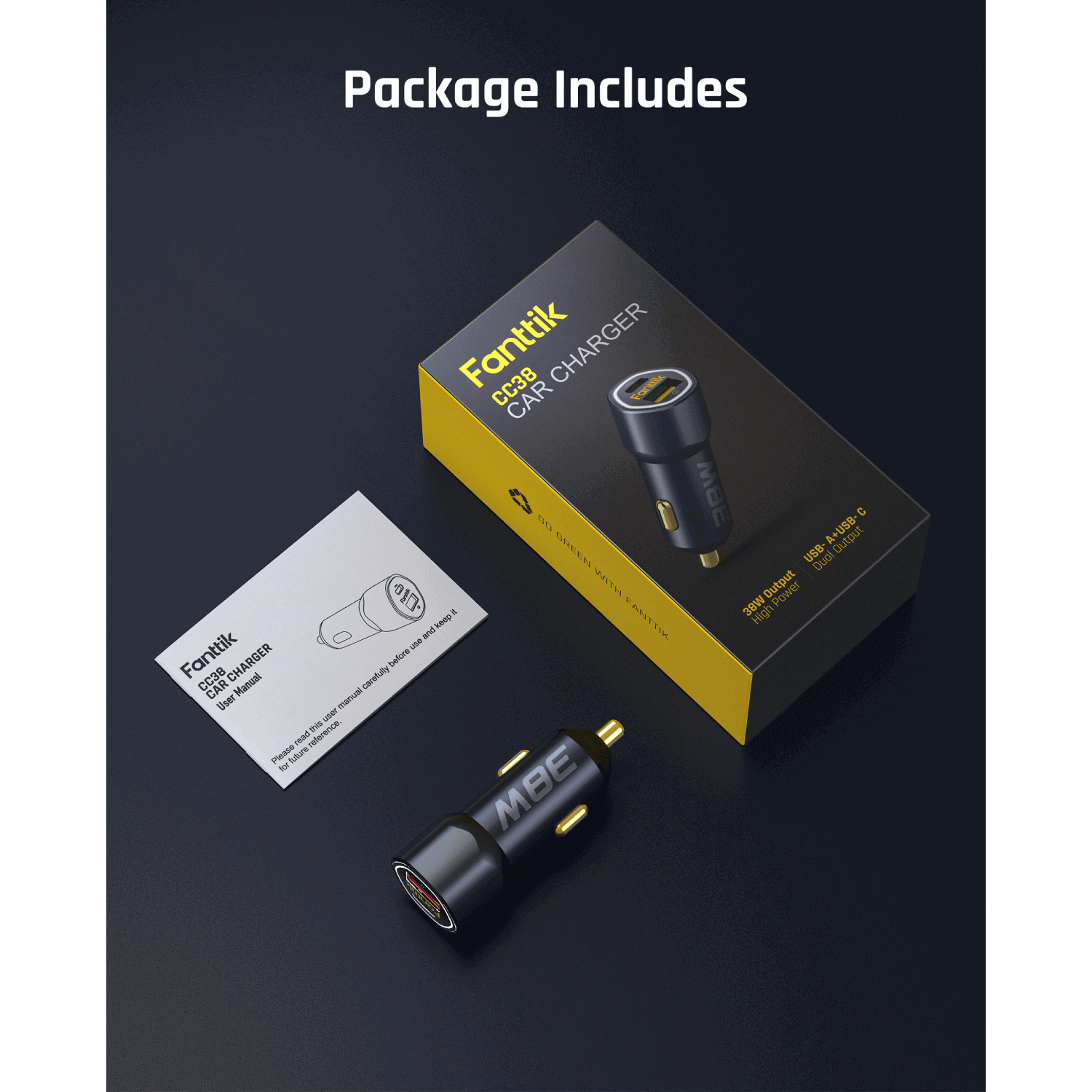 Fanttik CC38 38W USB-C car charger package with adapter and user manual