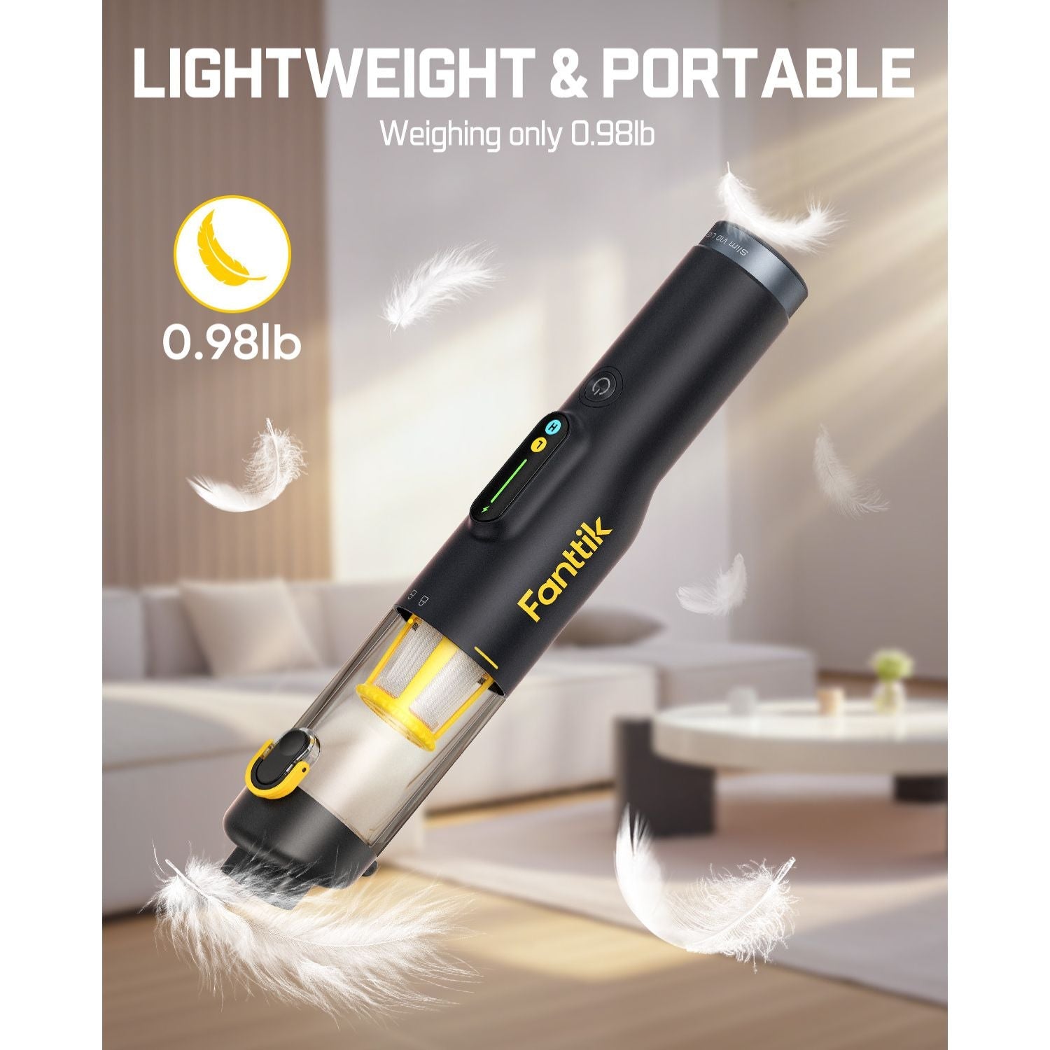 Fanttik Slim V10 Lite cordless handheld vacuum, ultra-light at 0.98lb, designed for portability and home cleaning.