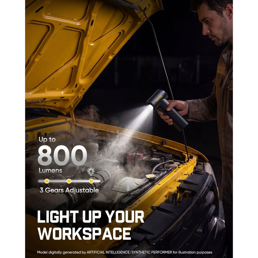 Person using a flashlight under a car with text highlighting features.