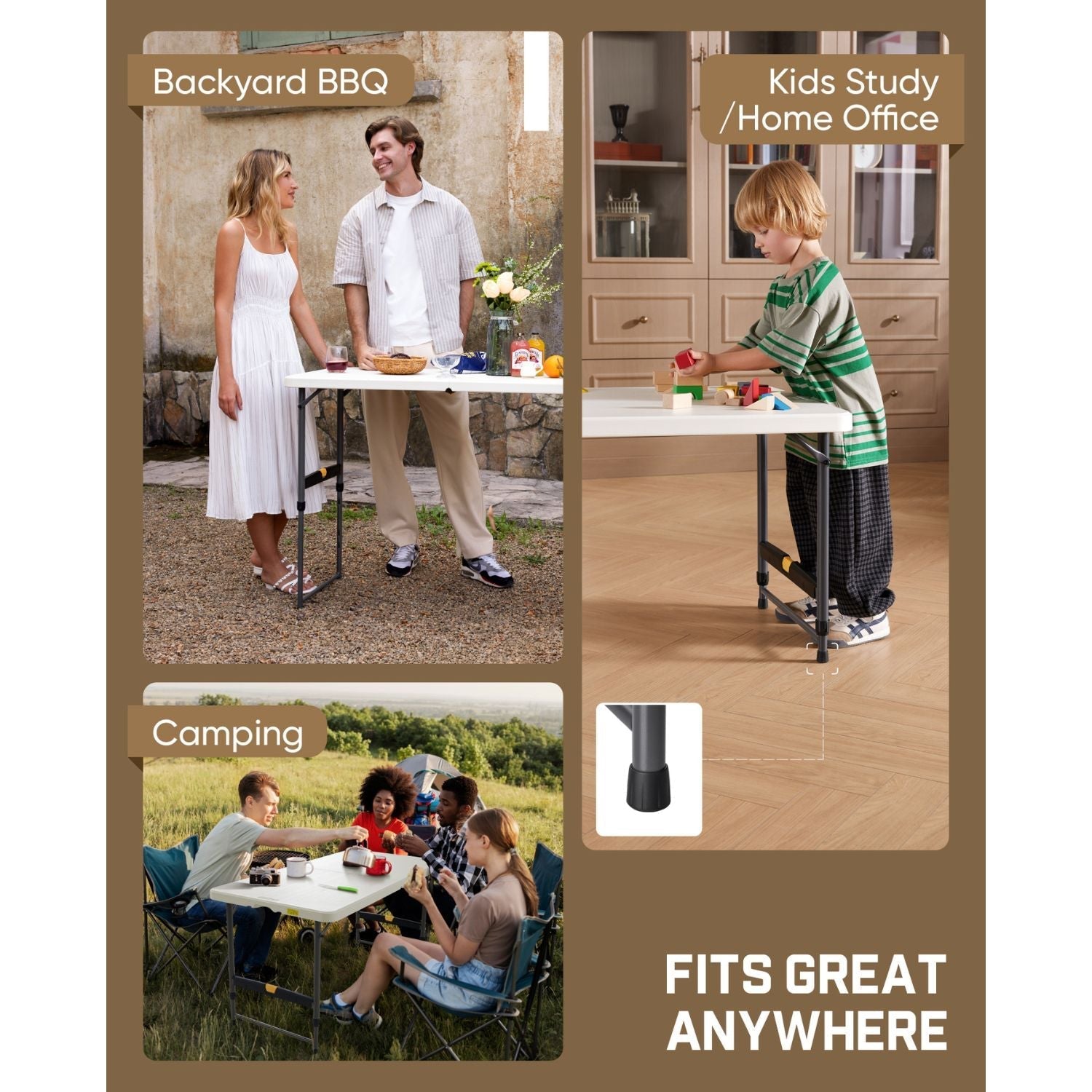 FanttikOutdoor Zeta X4 Pro 4ft folding table shown for backyard BBQ, kids study, and camping