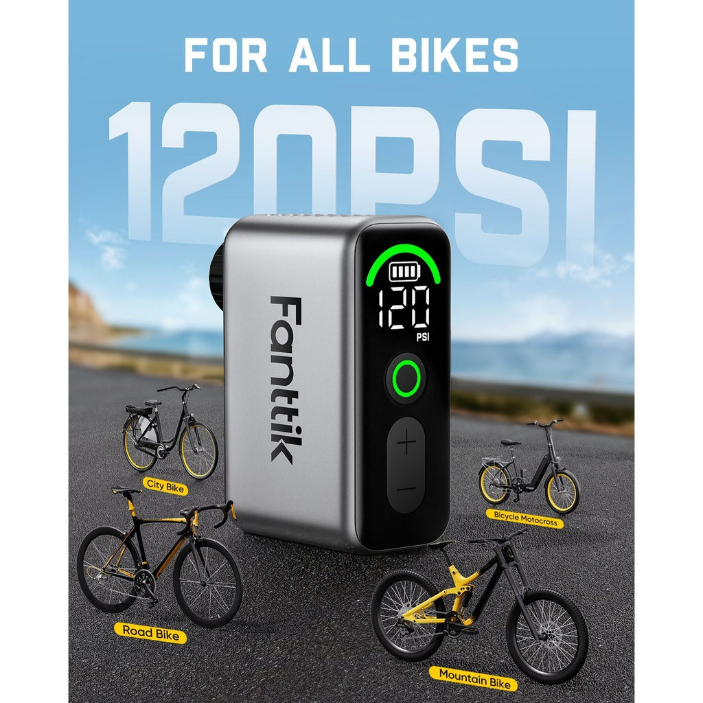 Fanttik X10 Ace tiny bike pump showing 120 PSI max pressure with city, road, mountain, and motocross bikes.