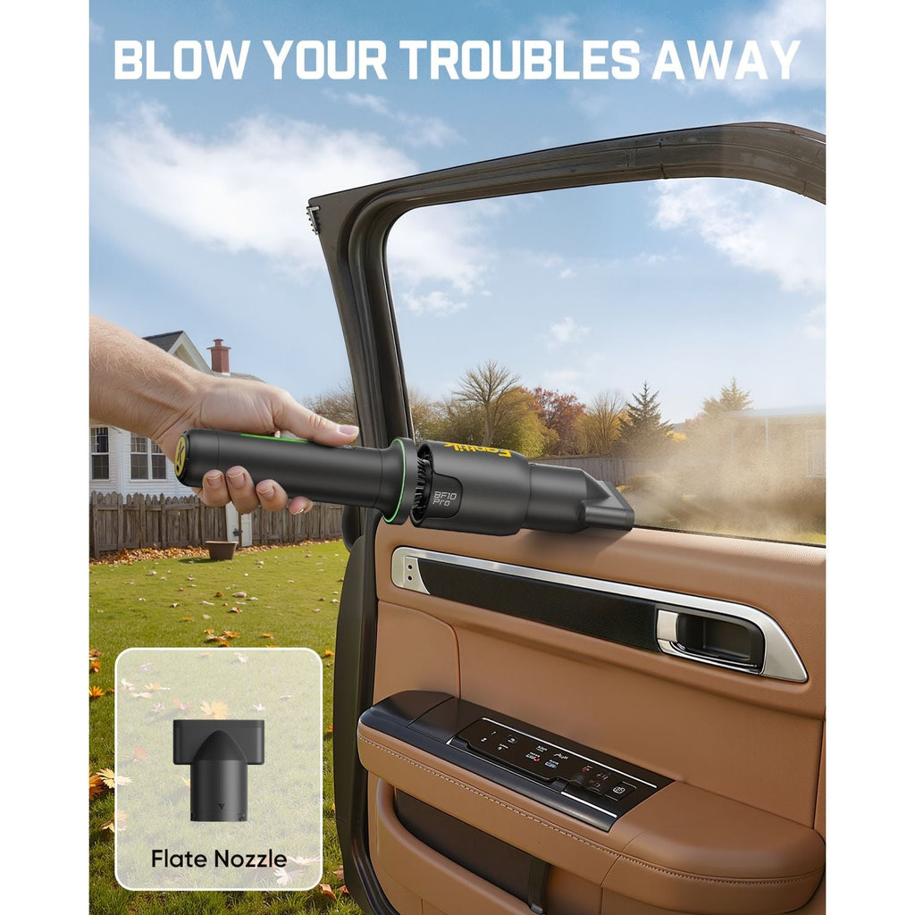 Fanttik BF10 Pro cordless leaf blower clearing dust from car interior with flat nozzle attachment.