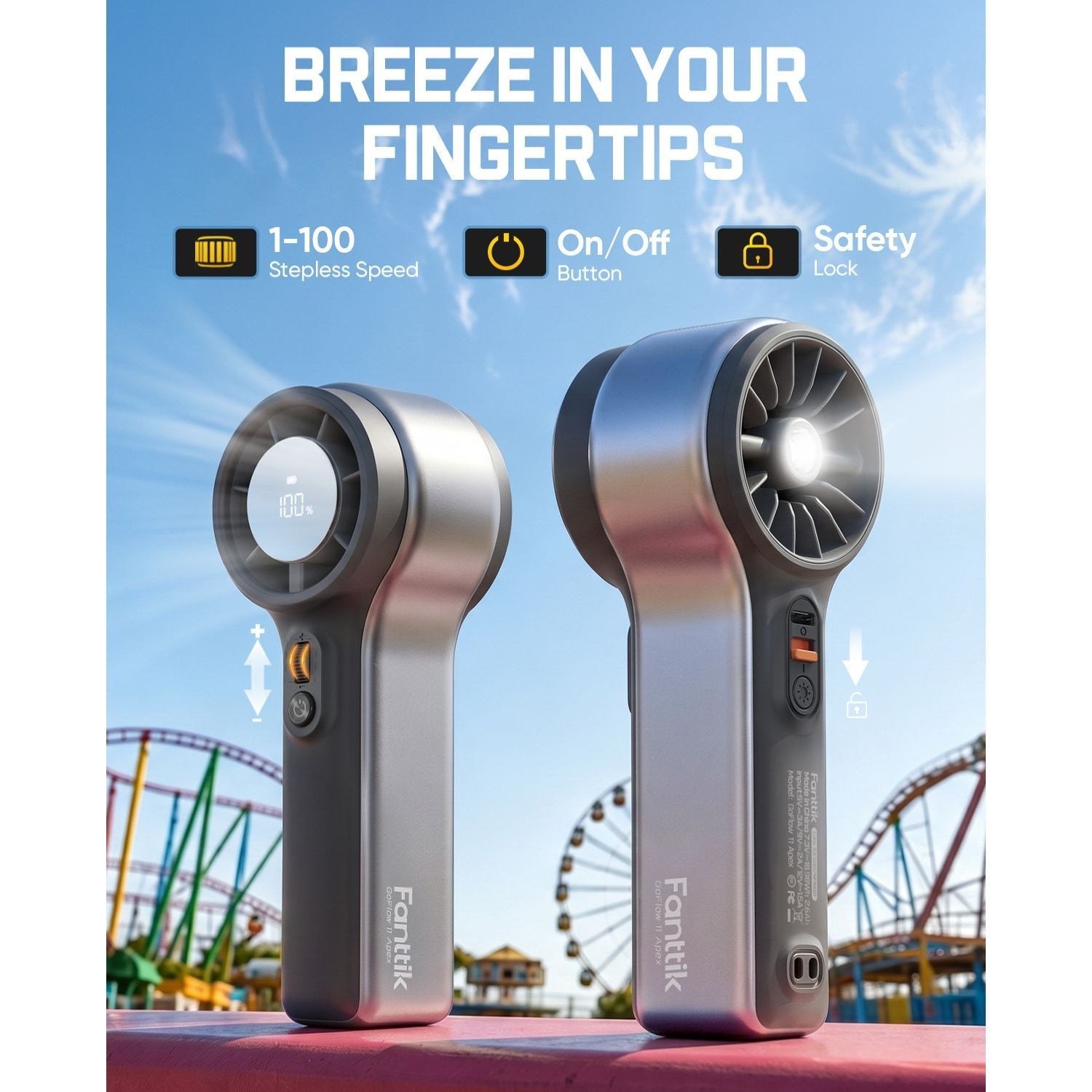 Two handheld fans with features listed above them against a background of an amusement park.