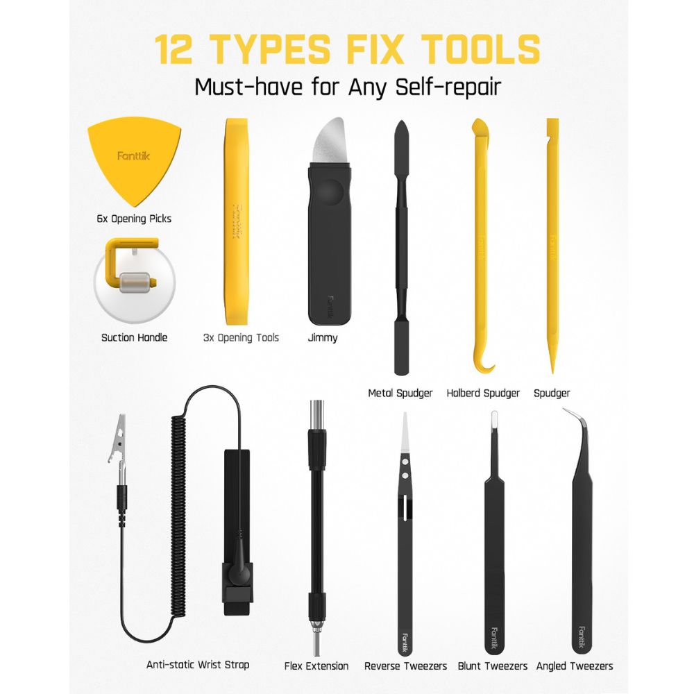 Fanttik E1 NEX Workstation 12-piece fix tool kit with opening picks, spudgers, tweezers, and anti-static wrist strap.