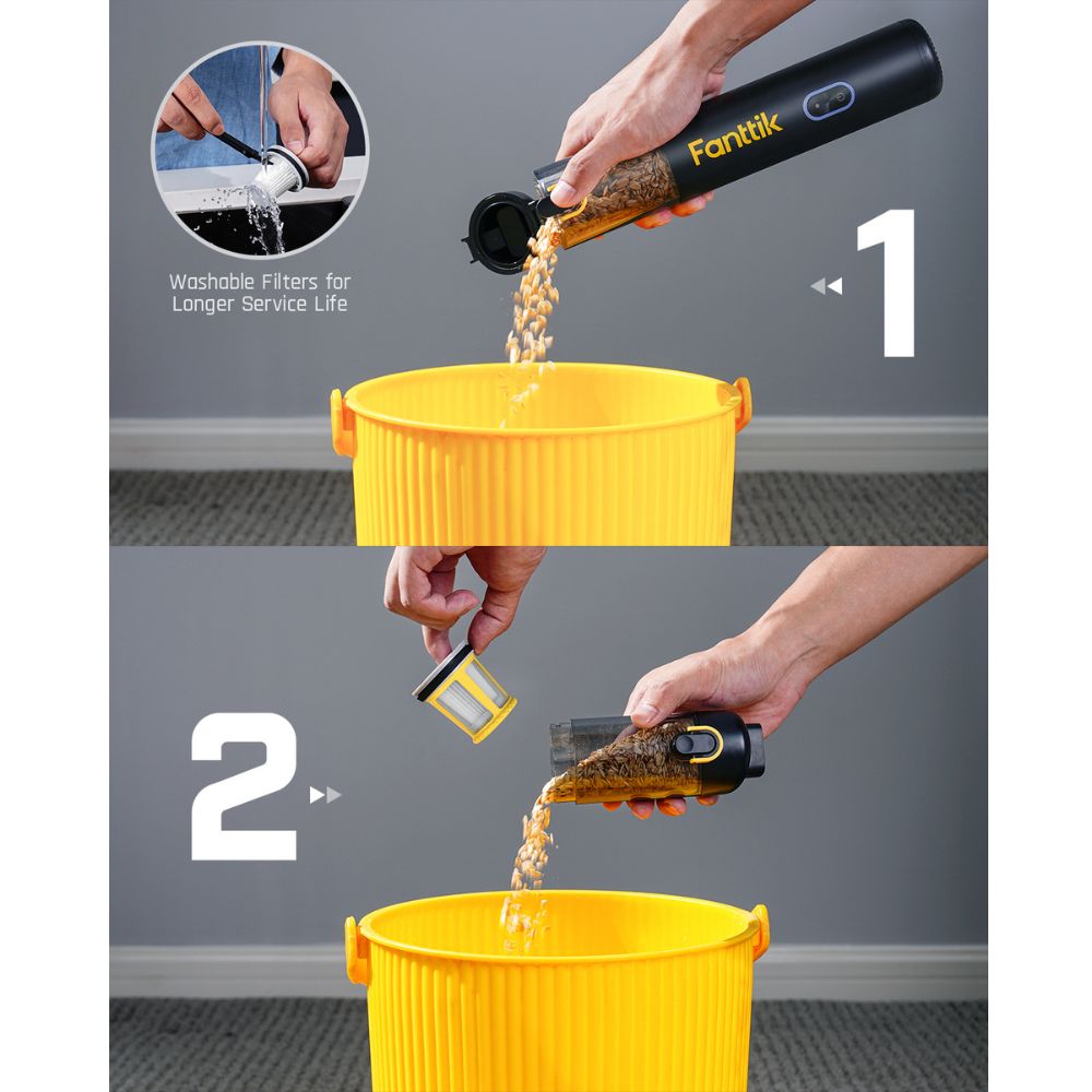 Fanttik Slim V8 Apex Car Vacuum dustbin emptying process with washable filter.