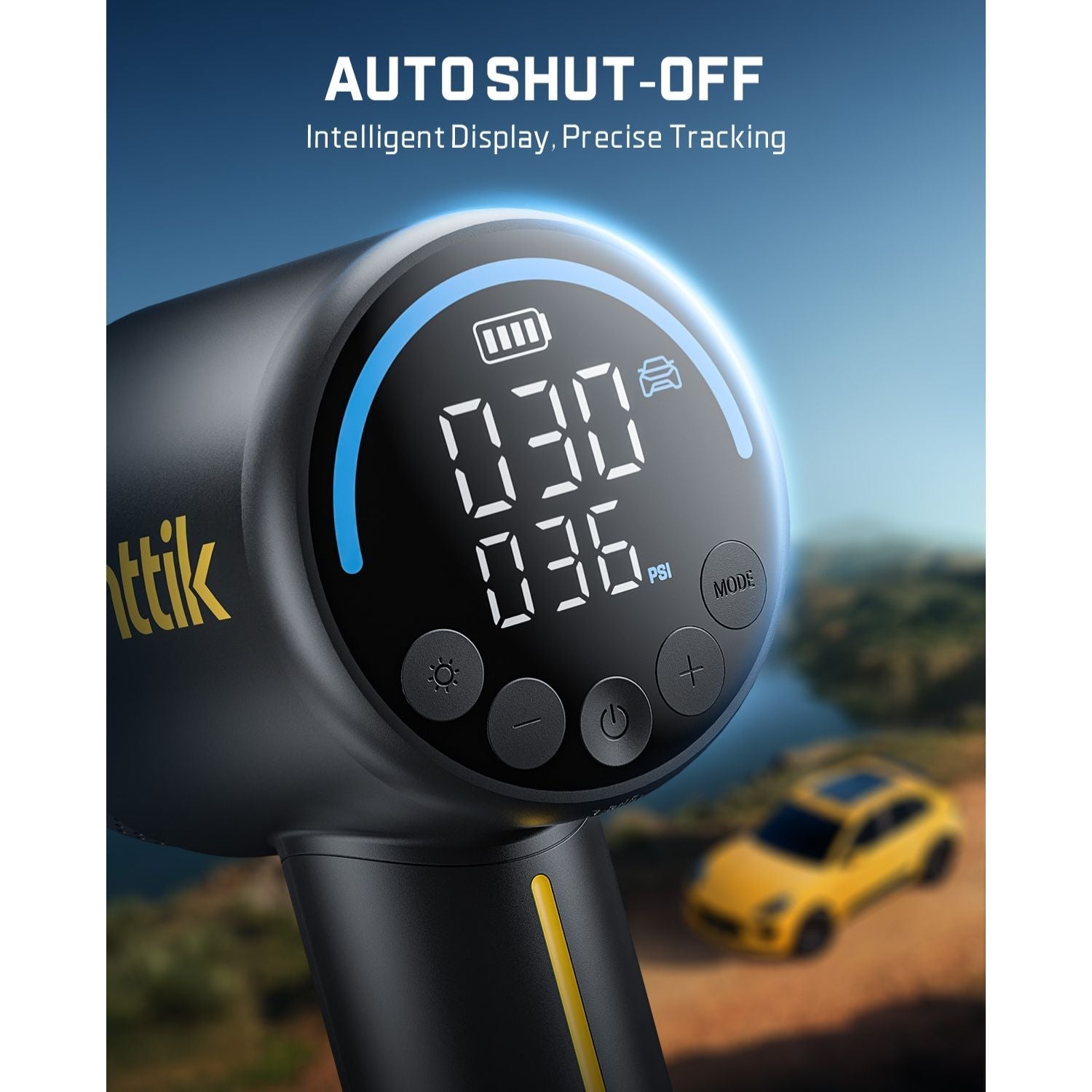 Fanttik X9 Classic tire inflator digital display showing 30 and 36 PSI, with AUTO SHUT-OFF feature.