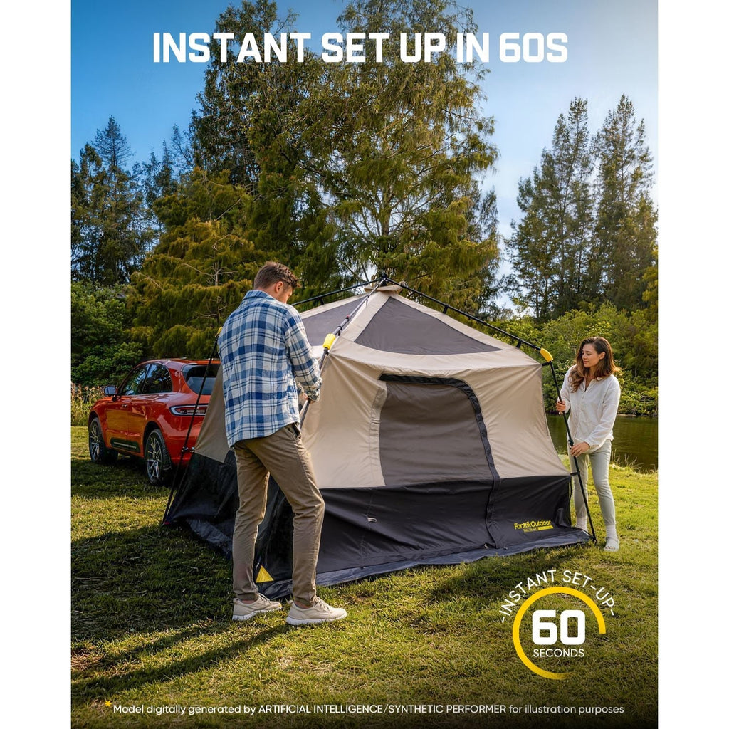 Two people setting up a tent in a natural setting with text indicating instant setup in 60 seconds.