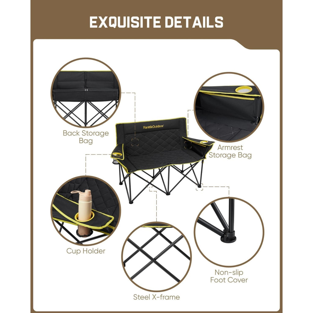 FanttikOutdoor double camping chair with back storage bag, armrest pocket, cup holder, steel X-frame