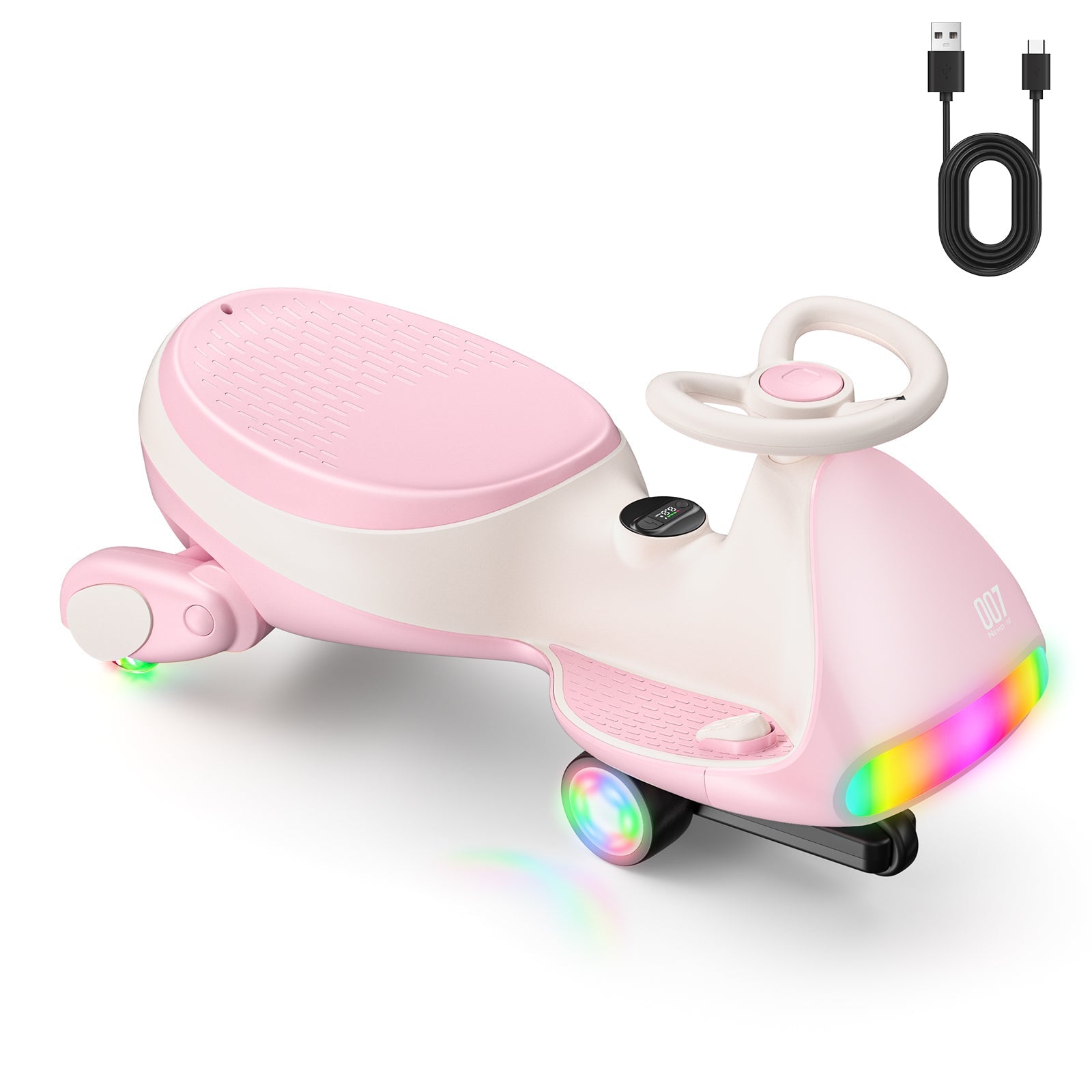 Pink FanttikRide N7 Ultra 12V electric wiggle car with colorful LED lights and Type-C charging cable.