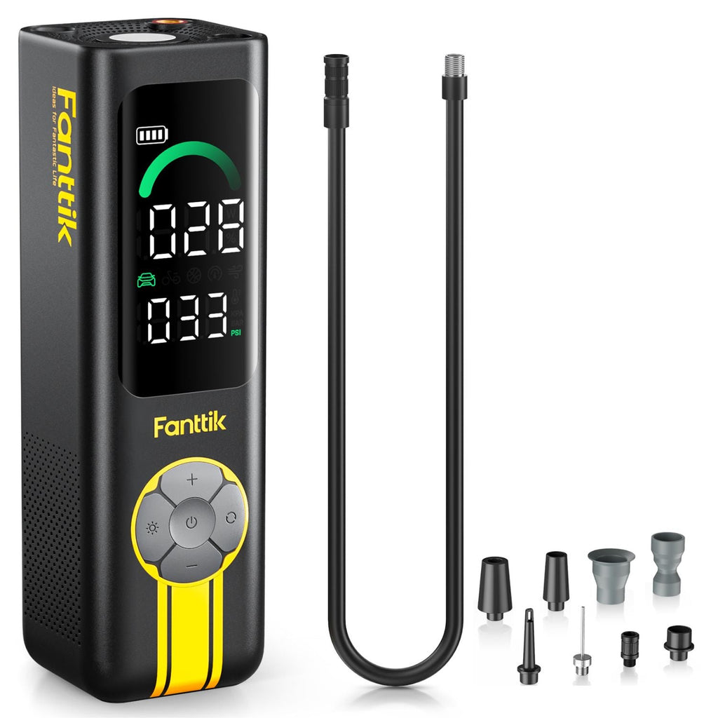 Fanttik X10 Cross tire inflator: digital display shows 028 & 033 PSI. Includes hose & multiple nozzle adaptors.