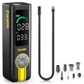 Fanttik X10 Cross tire inflator: digital display shows 028 & 033 PSI. Includes hose & multiple nozzle adaptors.