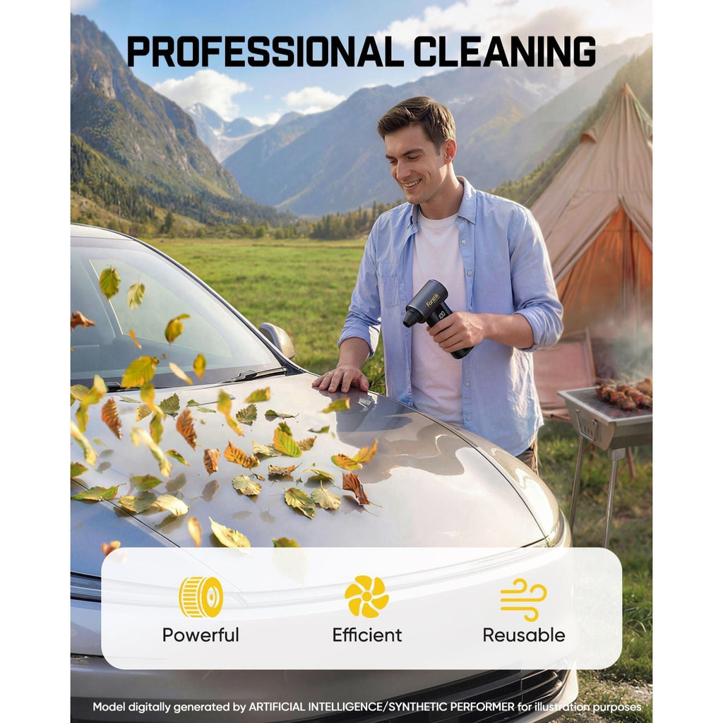 Fanttik B11 Pro Max electric air duster cleaning car hood outdoors, professional cleaning