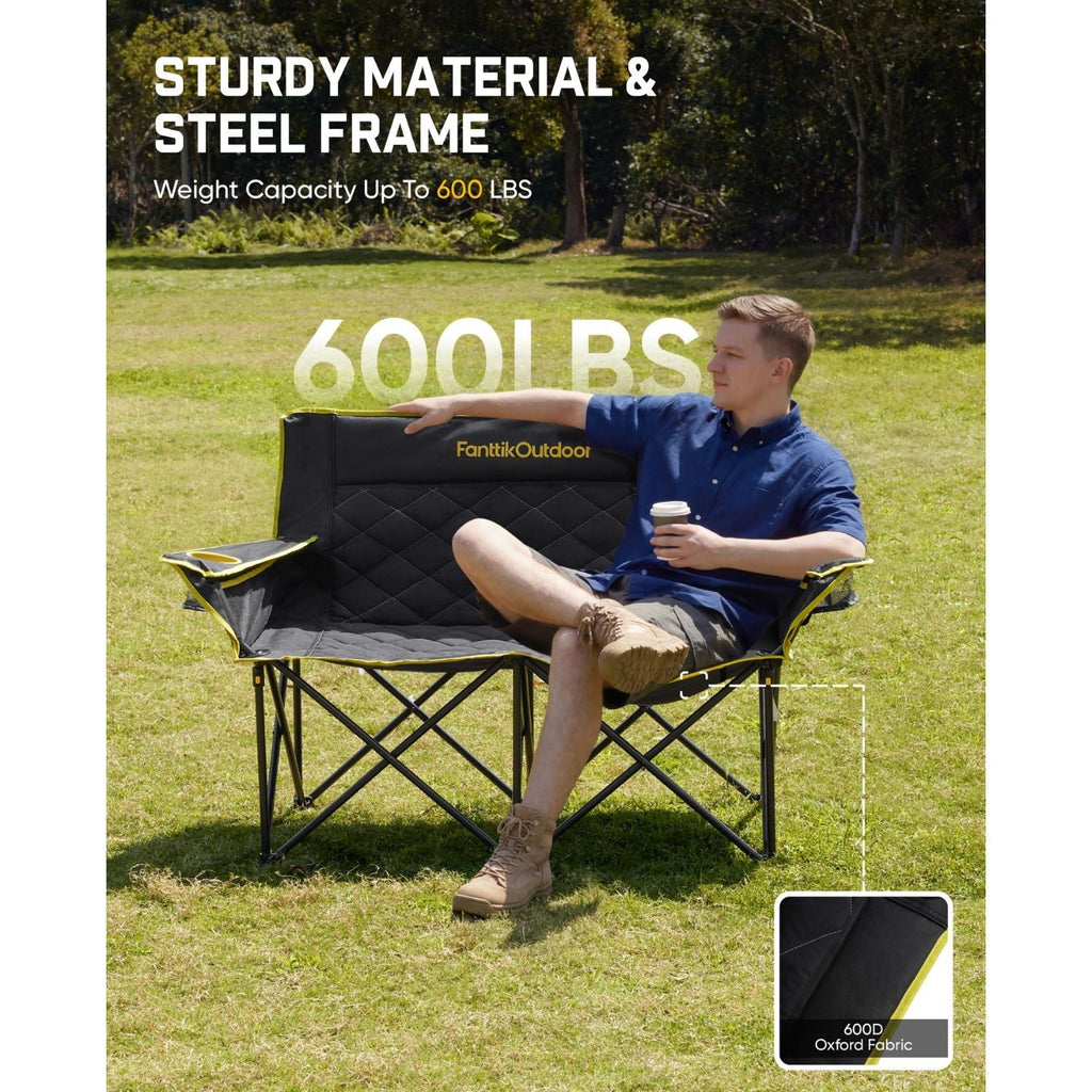 FanttikOutdoor double camping chair on grass, black steel frame, 600 lb capacity, 600D Oxford fabric