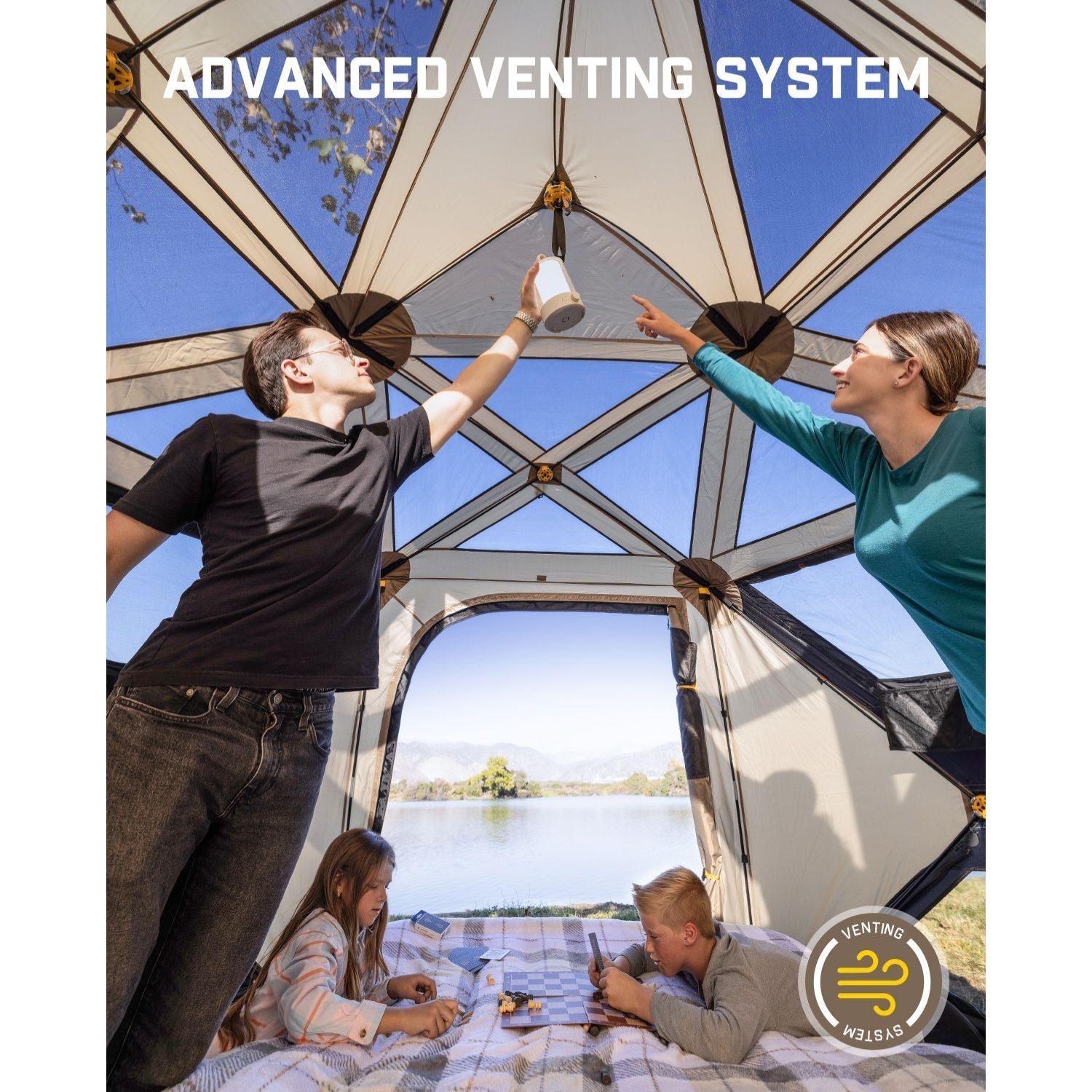 Family plays chess inside FanttikOutdoor Alpha C6 Ultra tent featuring advanced venting system