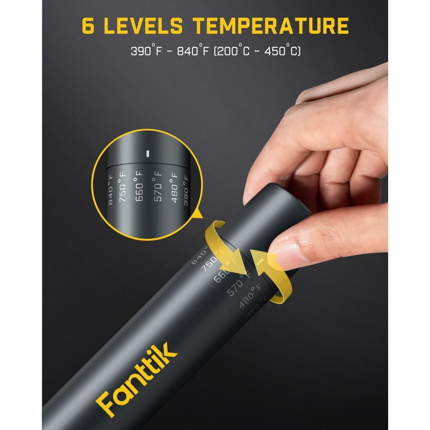 Fanttik T1 Max soldering iron with 6 temperature levels, adjustable from 390°F to 840°F