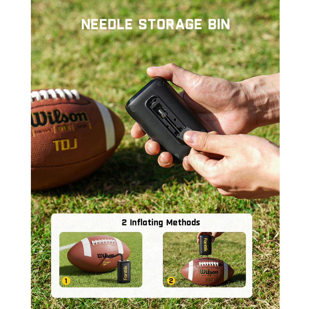 Fanttik X9 Nano electric ball pump features needle storage and two inflating methods shown on footballs.