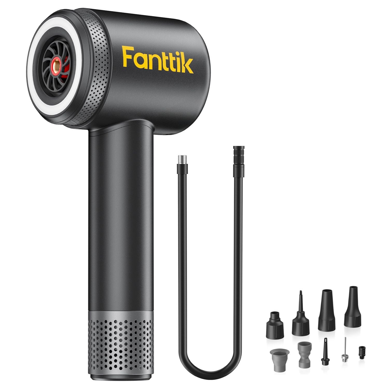 Fanttik X9 Classic tire inflator with multiple nozzle attachments and charging hose