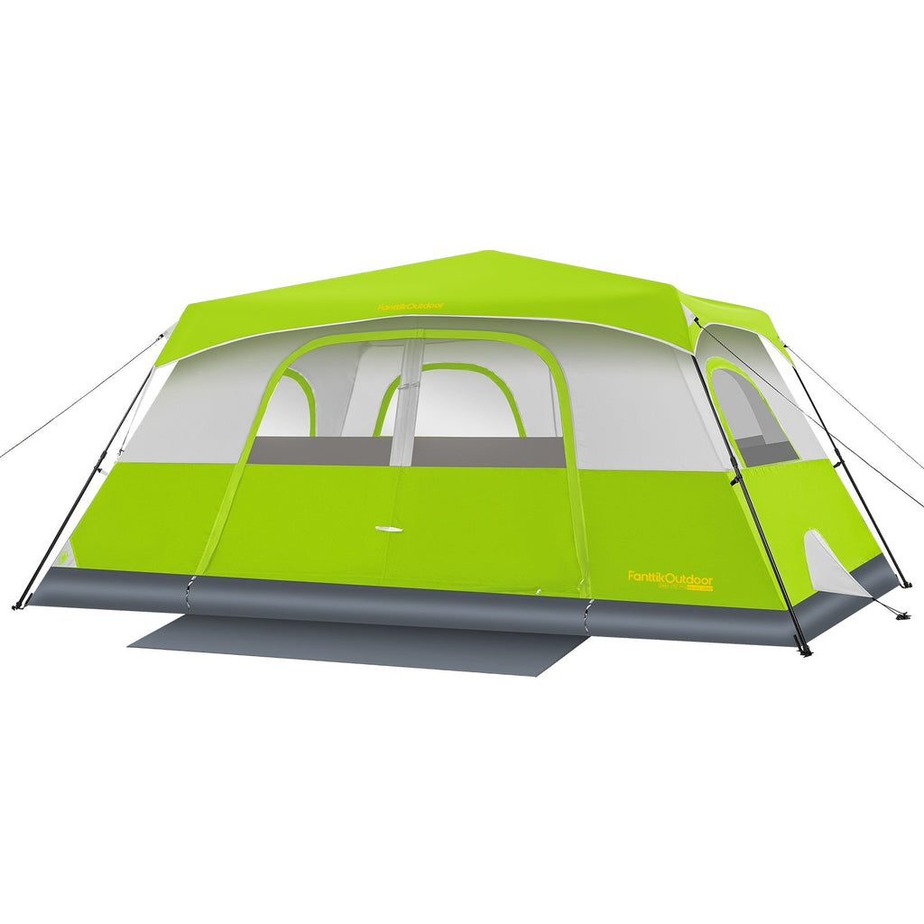 FanttikOutdoor Zeta C10 Pro green 10 person instant cabin tent with mesh windows and gray base.