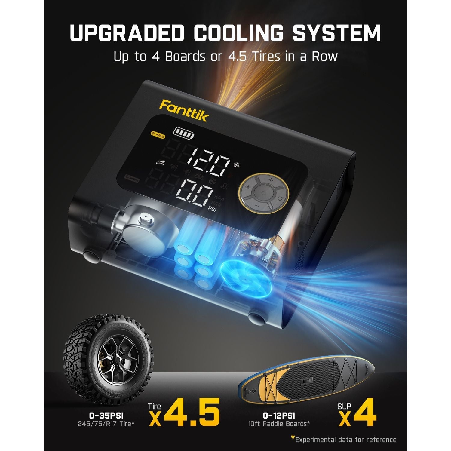 Fanttik X9 Cross paddle board air pump with upgraded cooling system, inflating tires and SUP boards.