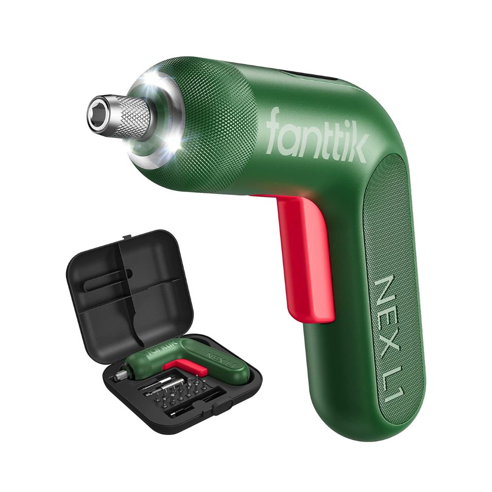 Fanttik NEX L1 Pro electric screwdriver set with green and red handle, bits and case