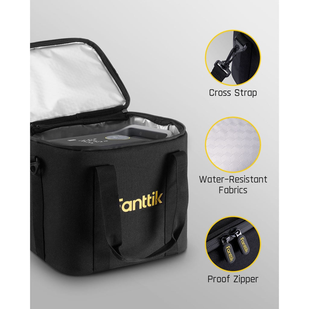 Black Fanttik carrying bag for X9 Ultra tire inflator. Features cross strap, water-resistant fabric, and proof zipper.