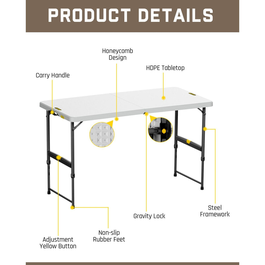 FanttikOutdoor Zeta X6 Pro folding table: HDPE top, honeycomb, carry handle, gravity lock, steel frame, adjustable height button, rubber feet.