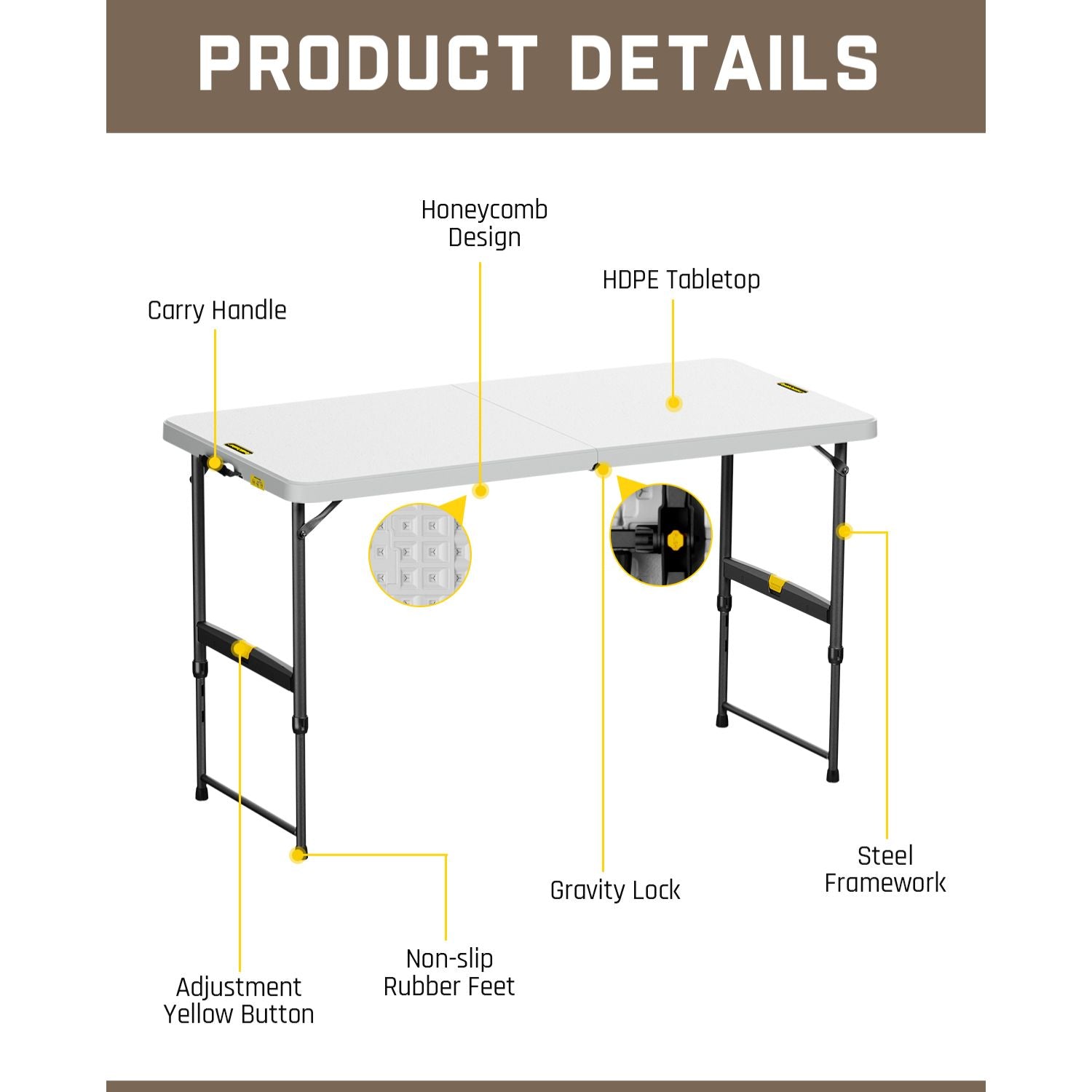 FanttikOutdoor Zeta X6 Pro folding table: HDPE top, honeycomb, carry handle, gravity lock, steel frame, adjustable height button, rubber feet.