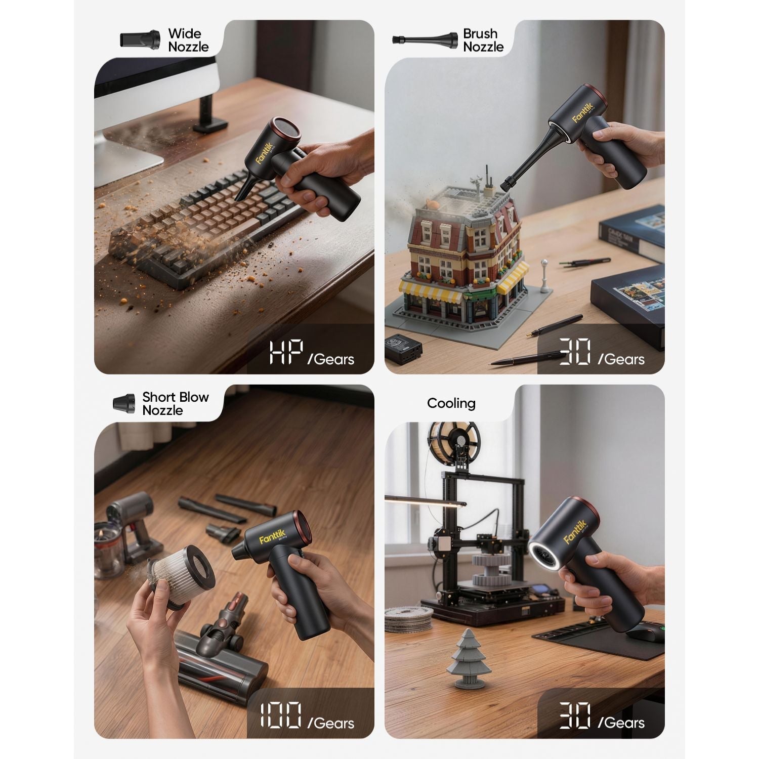 A four-panel promotional collage showing a handheld black and orange power brush/air tool in use on a desk. The panels include labeled text such as Wide Nozzle, Brush Nozzle, Short Blow Nozzle, and Cooling, with the tool being demonstrated to clean a keyboard, a small building model, and a 3D printer cooling fan.
