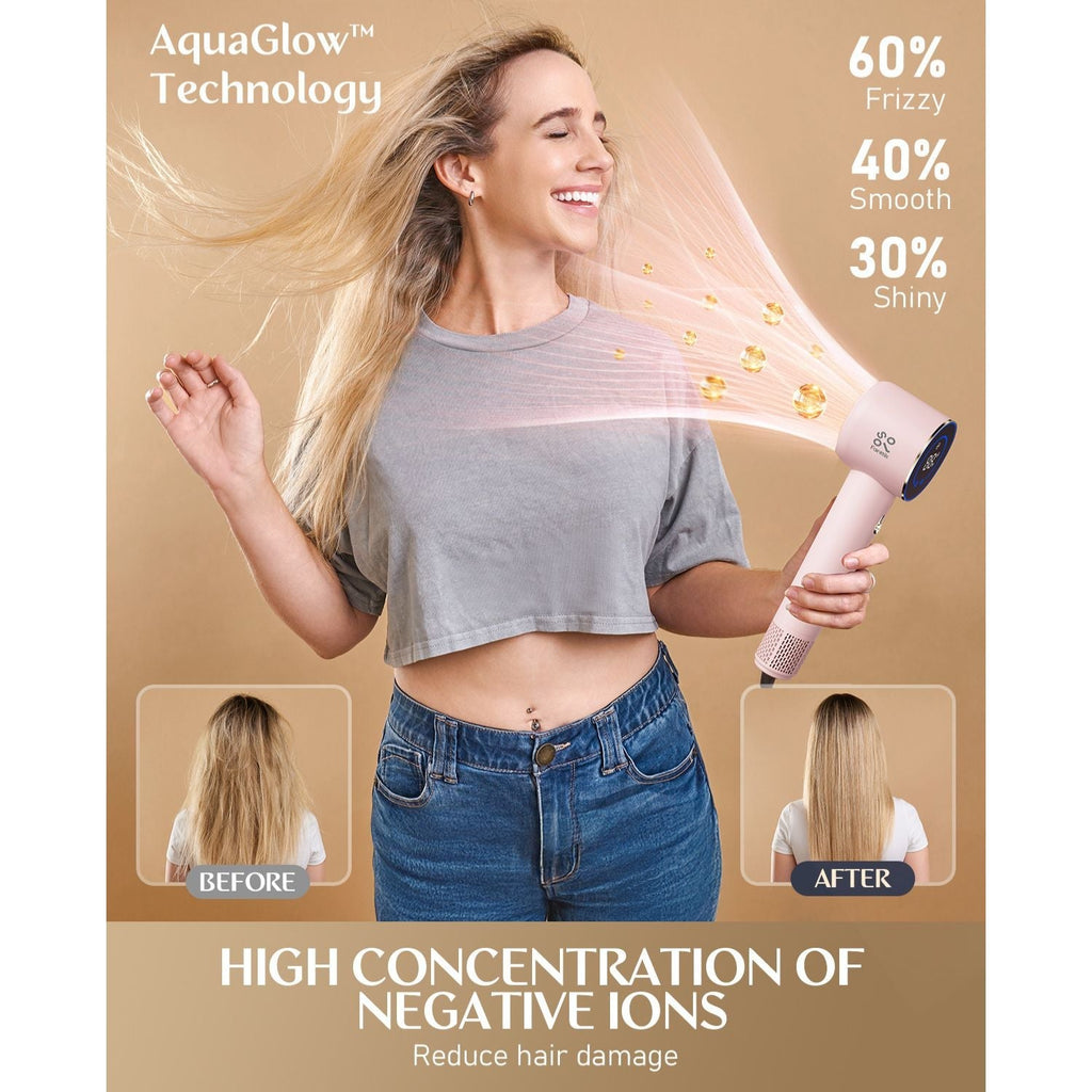 FanttikSolo Aura H10 APEX pink hair dryer with AquaGlow Technology and negative ions for smooth, shiny hair.