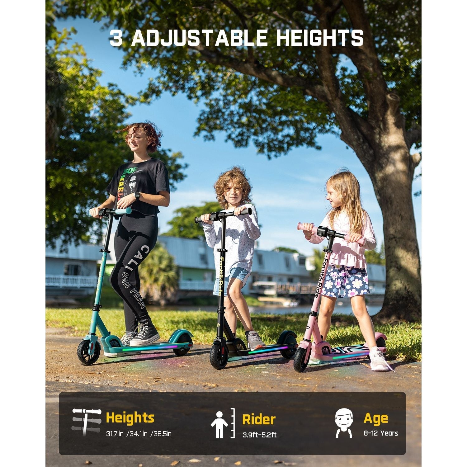 FanttikRide C9 Pro electric scooter for kids with adjustable handlebars and rainbow LED lights, designed for ages 8-12.