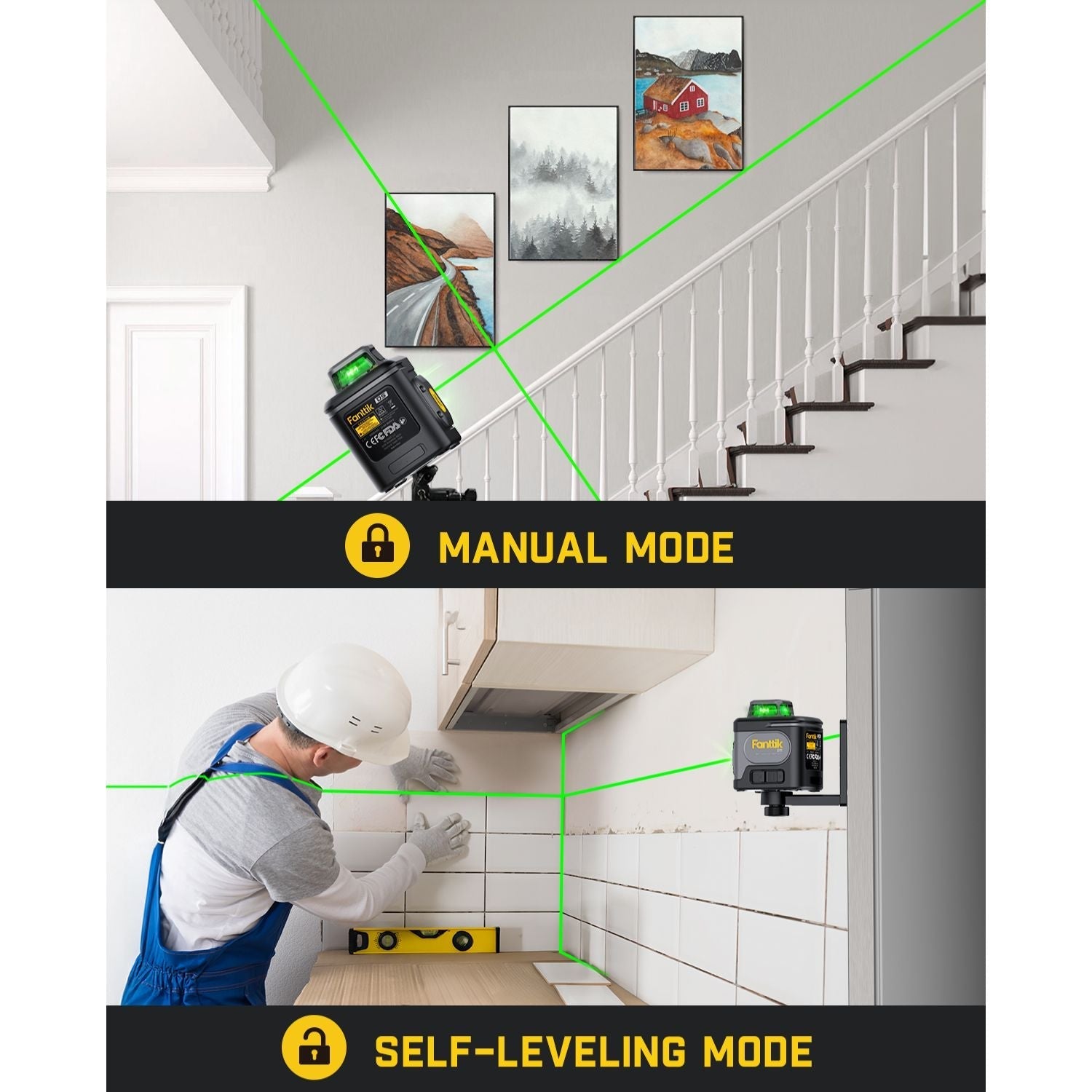 Fanttik D5 Laser Level in manual mode on staircase and self-leveling mode for tiling
