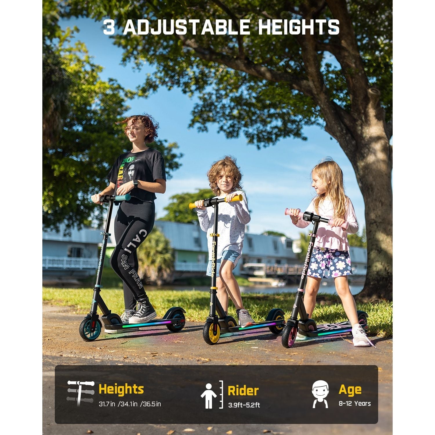 FanttikRide C9 Apex pink electric scooter for kids with 3 adjustable heights, rider height 3.9-5.2ft, and age 8-12 years.