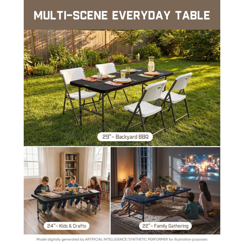 FanttikOutdoor Zeta X6 Pro folding table in black, shown in backyard, kids' crafts, and family gathering scenes