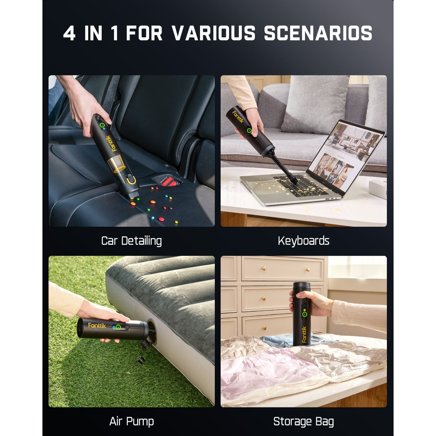 Fanttik Slim V10 Mate vacuum: car detailing, keyboard cleaning, air pump, and storage bag inflation.