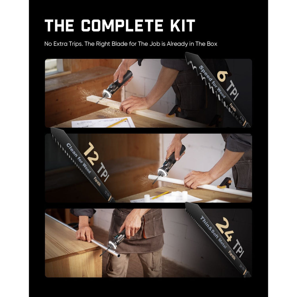 Fanttik R11 Pro cordless reciprocating saw kit with 6 wood, 12 wood and 24 metal blades