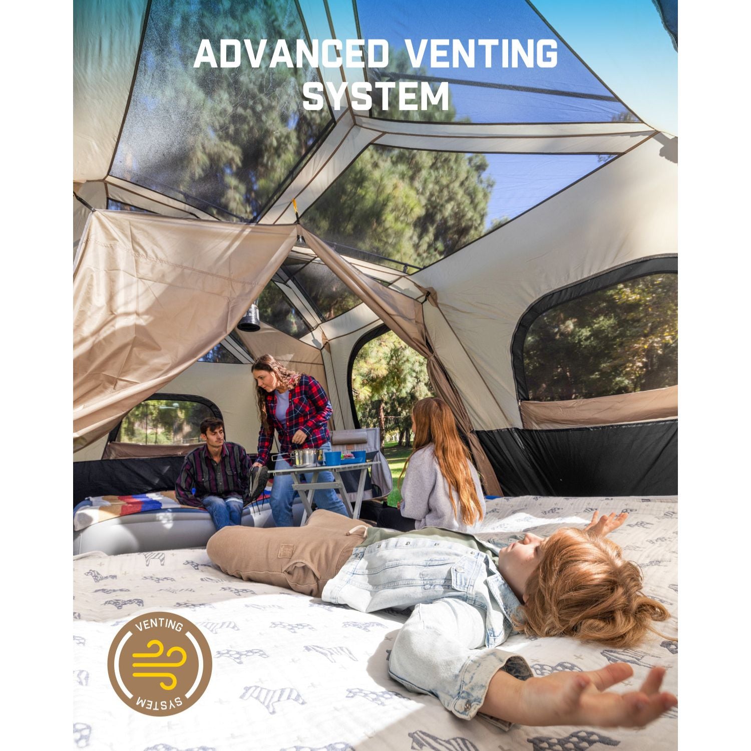 FanttikOutdoor Zeta C12 Pro Max 12 Person Camping Tent with advanced venting system and people inside