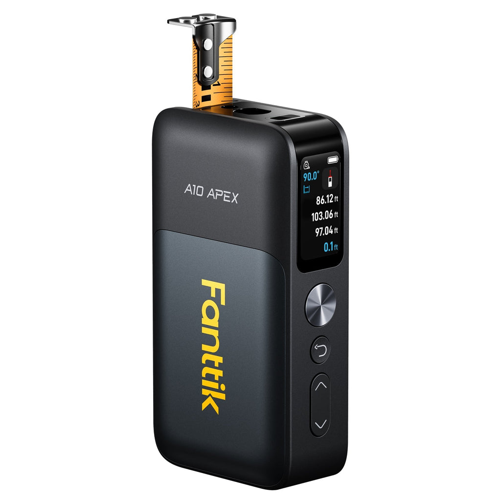 Fanttik A10 Apex 3-in-1 laser distance meter with digital tape measure and color display showing measurements.