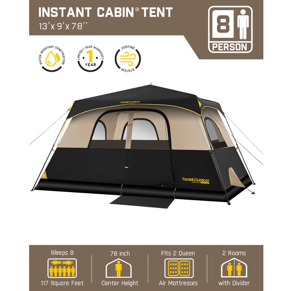 FanttikOutdoor 8 person instant cabin tent, 13' x 9' x 78" with water resistant construction and 1 year warranty.