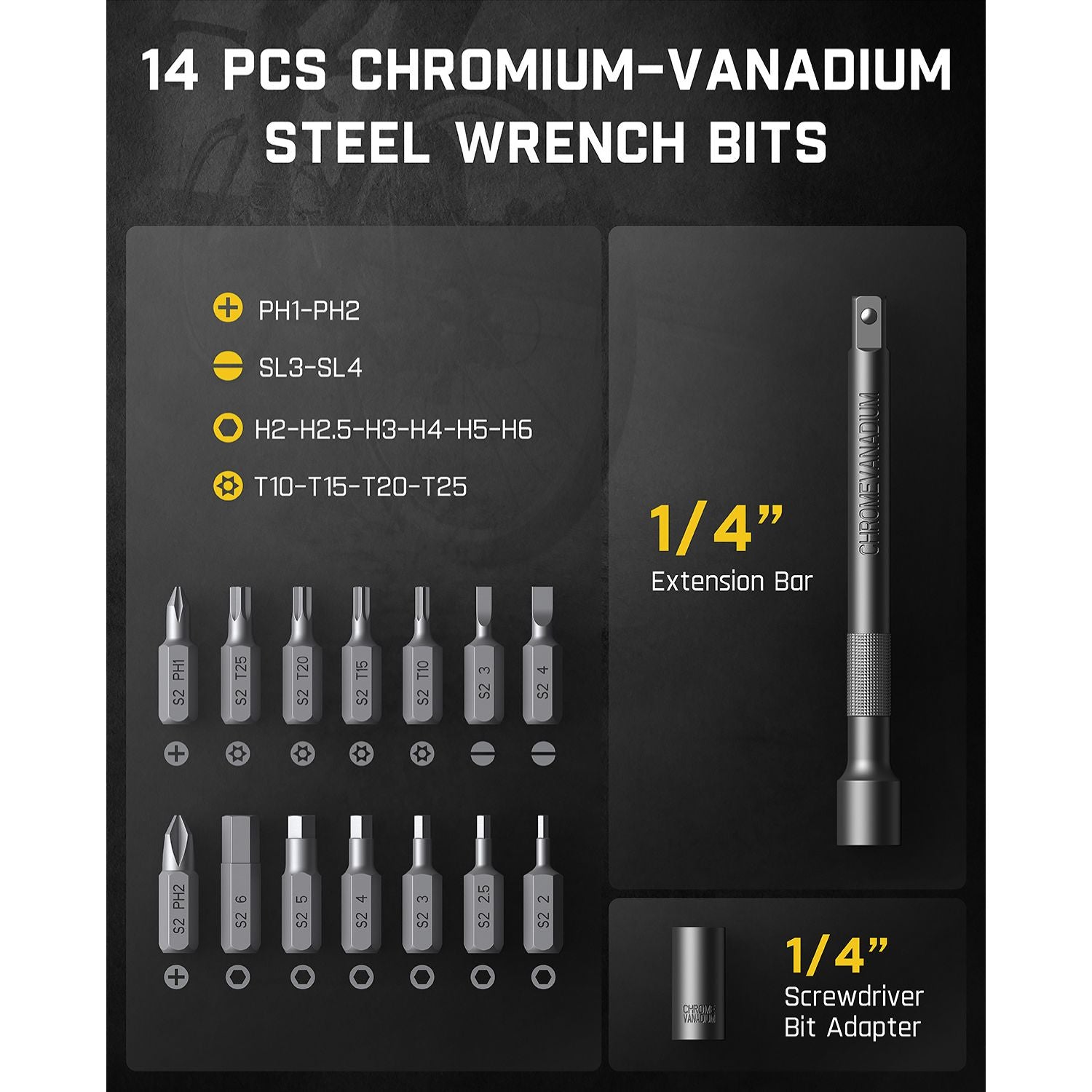 Fanttik 14-piece chromium-vanadium steel wrench bits set with 1/4 inch extension bar and adapter.