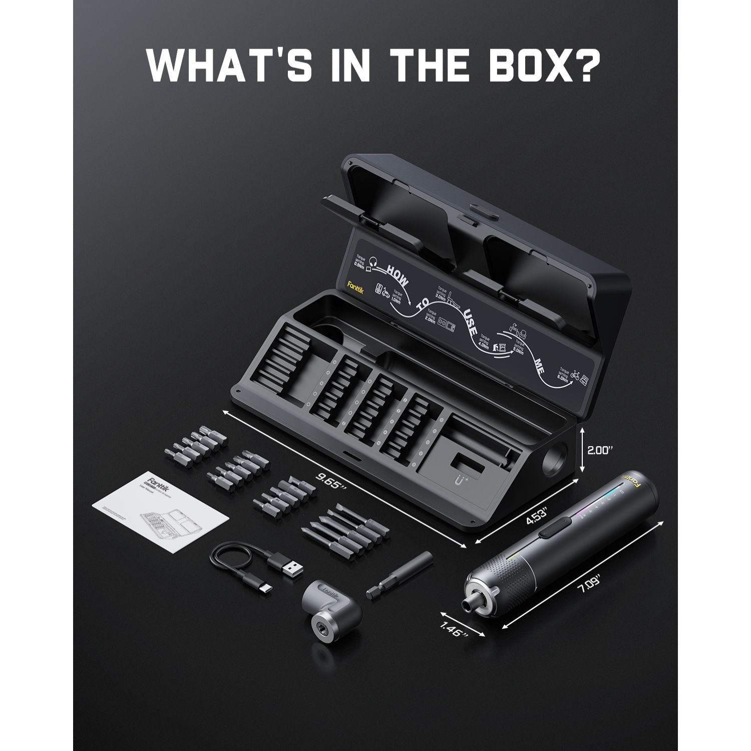 Fanttik S2 Pro cordless electric screwdriver kit with bits, extension, adapter, cable, and case.